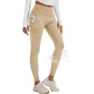 imageMAGCOMSEN Hiking Leggings Women with 4 Zipper Pockets Water Resistant High Rise Cargo Leggings Outdoor Athletic PantsLight Khaki