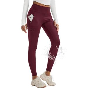 imageMAGCOMSEN Hiking Leggings Women with 4 Zipper Pockets Water Resistant High Rise Cargo Leggings Outdoor Athletic PantsWine Red