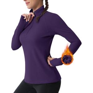 imageMAGCOMSEN Womens 14 Quarter Zip Pullover Thermal Running Shirts Long Sleeve Athletic Warm Tops with Zip PocketsDeep Purple