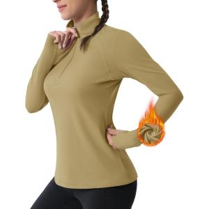 imageMAGCOMSEN Womens 14 Quarter Zip Pullover Thermal Running Shirts Long Sleeve Athletic Warm Tops with Zip PocketsKhaki