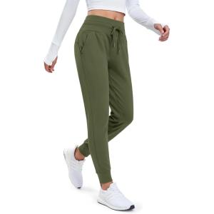 imageMAGCOMSEN Womens Fleece Lined Joggers High Waisted Water Resistant Thermal Winter Hiking Running Sweatpants with PocketsArmy Green