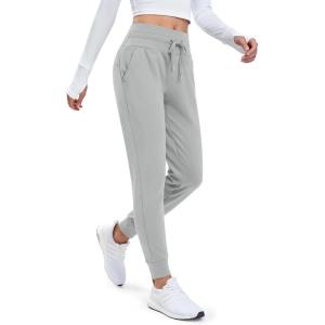 imageMAGCOMSEN Womens Fleece Lined Joggers High Waisted Water Resistant Thermal Winter Hiking Running Sweatpants with PocketsLight Grey