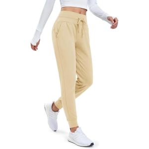 imageMAGCOMSEN Womens Fleece Lined Joggers High Waisted Water Resistant Thermal Winter Hiking Running Sweatpants with PocketsLight Khaki