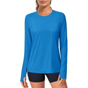 imageMAGCOMSEN Womens Long Sleeve Shirts UPF 80 Quick Dry Athletic Workout Tee Shirts with Thumb Holes Rash Guard Swim TopsBluegreen
