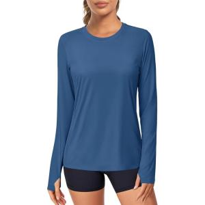 imageMAGCOMSEN Womens Long Sleeve Shirts UPF 80 Quick Dry Athletic Workout Tee Shirts with Thumb Holes Rash Guard Swim TopsBluegrey