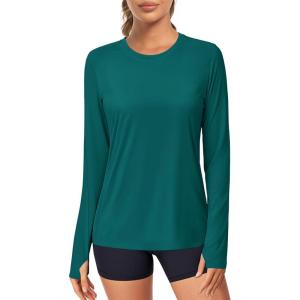 imageMAGCOMSEN Womens Long Sleeve Shirts UPF 80 Quick Dry Athletic Workout Tee Shirts with Thumb Holes Rash Guard Swim TopsEgreen