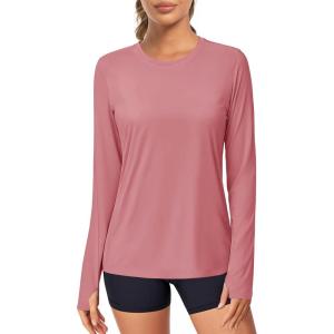 imageMAGCOMSEN Womens Long Sleeve Shirts UPF 80 Quick Dry Athletic Workout Tee Shirts with Thumb Holes Rash Guard Swim TopsGraypink