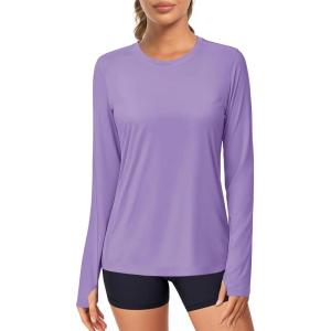 imageMAGCOMSEN Womens Long Sleeve Shirts UPF 80 Quick Dry Athletic Workout Tee Shirts with Thumb Holes Rash Guard Swim TopsGrey Purple