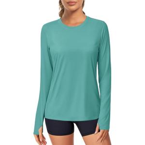 imageMAGCOMSEN Womens Long Sleeve Shirts UPF 80 Quick Dry Athletic Workout Tee Shirts with Thumb Holes Rash Guard Swim TopsGreygreen