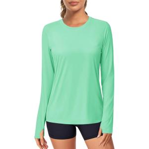imageMAGCOMSEN Womens Long Sleeve Shirts UPF 80 Quick Dry Athletic Workout Tee Shirts with Thumb Holes Rash Guard Swim TopsMint Green