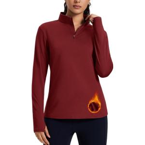 imageMAGCOMSEN Womens Quarter Zip Fleece Pullover Thermal Shirts with Zip Pocket Workout Running Tops Thumb HolesVintage Red