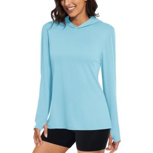 imageMAGCOMSEN Womens Sun Hoodie UPF 50 Long Sleeve Shirts for Hiking Fishing Athletic Lightweight UV HoodieLight Blue