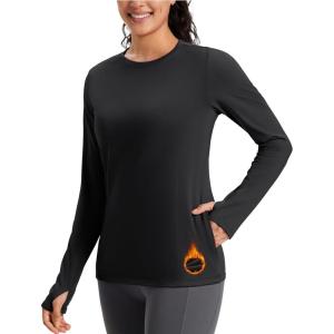 imageMAGCOMSEN WomensThermal Long Sleeve Shirt Fleece Lined Warm Base Layer Running Workout Athletic Top Winter with PocketBlack