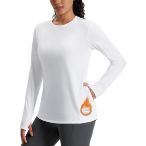 imageMAGCOMSEN WomensThermal Long Sleeve Shirt Fleece Lined Warm Base Layer Running Workout Athletic Top Winter with PocketWhite