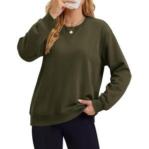image:imageMAGCOMSEN Sweatshirt for Women Fleece Lined Crewneck Loose Fit Winter Warm Trendy Sweaters Long Sleeve TopsArmy Green