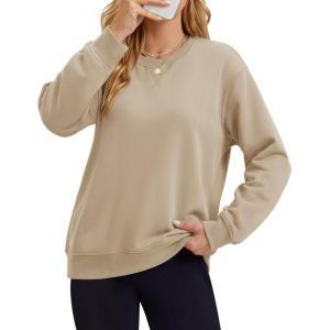 image:imageMAGCOMSEN Sweatshirt for Women Fleece Lined Crewneck Loose Fit Winter Warm Trendy Sweaters Long Sleeve TopsKhaki