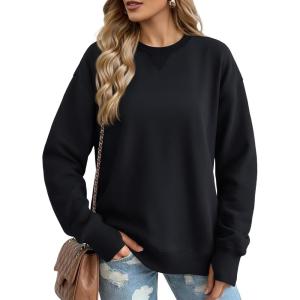 image:imageMAGCOMSEN Womens Fleece Lined Sweatshirts Pullover Crewneck Sweater Loose Fit Casual Winter Warm Tops with Thumb HolesBlack
