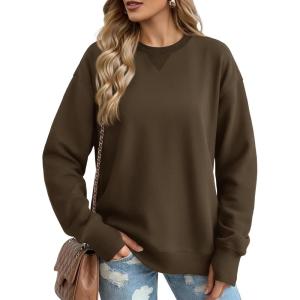 image:imageMAGCOMSEN Womens Fleece Lined Sweatshirts Pullover Crewneck Sweater Loose Fit Casual Winter Warm Tops with Thumb HolesDarkbrown
