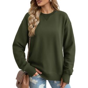 image:imageMAGCOMSEN Womens Fleece Lined Sweatshirts Pullover Crewneck Sweater Loose Fit Casual Winter Warm Tops with Thumb HolesGreen