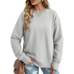 image:imageMAGCOMSEN Womens Fleece Lined Sweatshirts Pullover Crewneck Sweater Loose Fit Casual Winter Warm Tops with Thumb HolesLight Grey