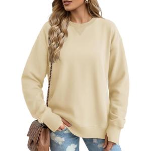 image:imageMAGCOMSEN Womens Fleece Lined Sweatshirts Pullover Crewneck Sweater Loose Fit Casual Winter Warm Tops with Thumb HolesLightapricot