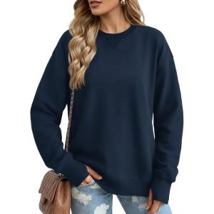 image:imageMAGCOMSEN Womens Fleece Lined Sweatshirts Pullover Crewneck Sweater Loose Fit Casual Winter Warm Tops with Thumb HolesNavy Blue