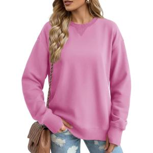 image:imageMAGCOMSEN Womens Fleece Lined Sweatshirts Pullover Crewneck Sweater Loose Fit Casual Winter Warm Tops with Thumb HolesPink