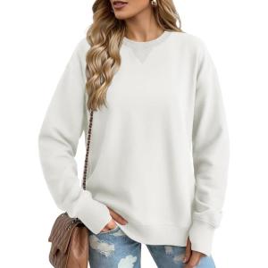 image:imageMAGCOMSEN Womens Fleece Lined Sweatshirts Pullover Crewneck Sweater Loose Fit Casual Winter Warm Tops with Thumb HolesWhite
