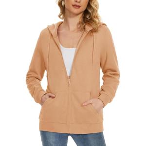 image:imageMAGCOMSEN Womens Fleece Lined Zip Up Hoodies Casual Hooded Jacket Workout Full Zip Sweatshirts Pocket CoatsApricot