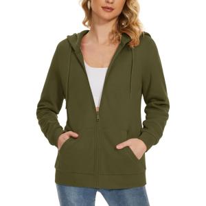image:imageMAGCOMSEN Womens Fleece Lined Zip Up Hoodies Casual Hooded Jacket Workout Full Zip Sweatshirts Pocket CoatsArmy Green