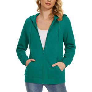 image:imageMAGCOMSEN Womens Fleece Lined Zip Up Hoodies Casual Hooded Jacket Workout Full Zip Sweatshirts Pocket CoatsEmerald Green