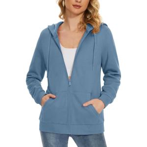 image:imageMAGCOMSEN Womens Fleece Lined Zip Up Hoodies Casual Hooded Jacket Workout Full Zip Sweatshirts Pocket CoatsHaze Blue