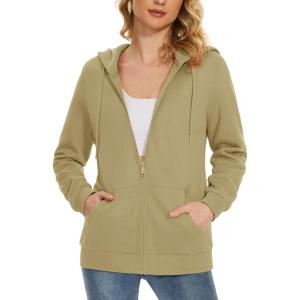 image:imageMAGCOMSEN Womens Fleece Lined Zip Up Hoodies Casual Hooded Jacket Workout Full Zip Sweatshirts Pocket CoatsKhaki