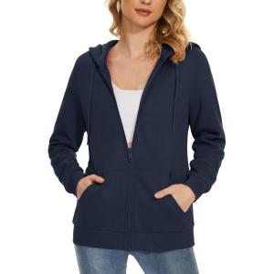 image:imageMAGCOMSEN Womens Fleece Lined Zip Up Hoodies Casual Hooded Jacket Workout Full Zip Sweatshirts Pocket CoatsNavy