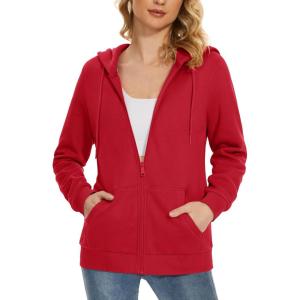 image:imageMAGCOMSEN Womens Fleece Lined Zip Up Hoodies Casual Hooded Jacket Workout Full Zip Sweatshirts Pocket CoatsRed