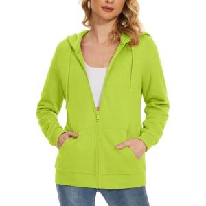 image:imageMAGCOMSEN Womens Fleece Lined Zip Up Hoodies Casual Hooded Jacket Workout Full Zip Sweatshirts Pocket CoatsYellow Green
