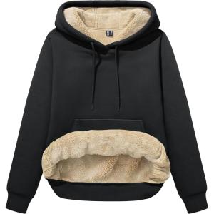 image:imageMAGCOMSEN Womens Hoodies Thick Fleece Lined Hooded Sweatshirt Warm Sherpa Lined Heavyweight Pullover with PocketBlack
