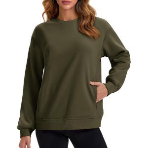 image:imageMAGCOMSEN Womens Sweatshirts Fleece Lined Pullover Crewneck Cotton Casual Winter Warm Tops with Zip PocketsArmy Green