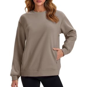 image:imageMAGCOMSEN Womens Sweatshirts Fleece Lined Pullover Crewneck Cotton Casual Winter Warm Tops with Zip PocketsCoffee Grey