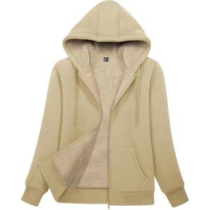 image:imageMAGCOMSEN Womens Zip Up Hoodies Sherpa Lined Fleece Thermal Jacket Full Zip Winter Warm Casual Thick Coats PocketsKhaki