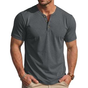 image:imageMAGCOMSEN Mens Henley Short Sleeve Shirt Moisture Wicking Lightweight Cotton TShirts Casual Summer Basic Tee Shirt16 Dark Grey Heather