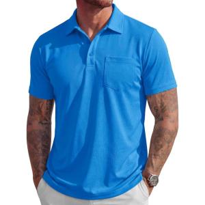 image:imageMAGCOMSEN Mens Polo Shirts Short Sleeve Cotton Pique Golf Shirts with Pocket Casual Performance Moisture Wicking PolosAzure