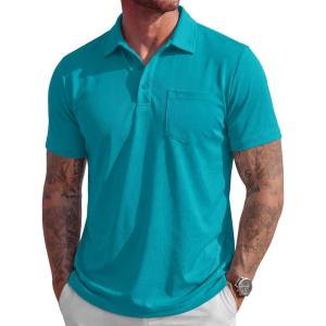 image:imageMAGCOMSEN Mens Polo Shirts Short Sleeve Cotton Pique Golf Shirts with Pocket Casual Performance Moisture Wicking PolosBlue Green