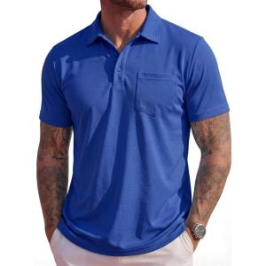 image:imageMAGCOMSEN Mens Polo Shirts Short Sleeve Cotton Pique Golf Shirts with Pocket Casual Performance Moisture Wicking PolosColor Blue