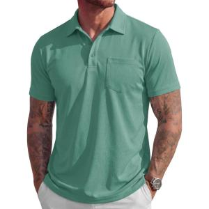 image:imageMAGCOMSEN Mens Polo Shirts Short Sleeve Cotton Pique Golf Shirts with Pocket Casual Performance Moisture Wicking PolosGray Green