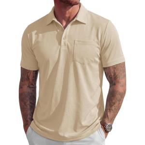 image:imageMAGCOMSEN Mens Polo Shirts Short Sleeve Cotton Pique Golf Shirts with Pocket Casual Performance Moisture Wicking PolosLight Apricot