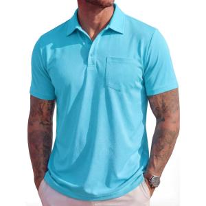 image:imageMAGCOMSEN Mens Polo Shirts Short Sleeve Cotton Pique Golf Shirts with Pocket Casual Performance Moisture Wicking PolosSky Blue