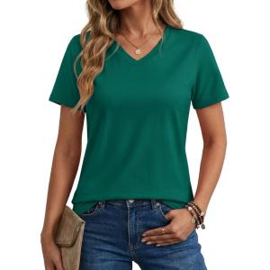 image:imageMAGCOMSEN Womens Cotton T Shirt VNeck Short Sleeve Shirt ClassicFit Casual Breathable Tee Summer Basic TopsEmerald Green