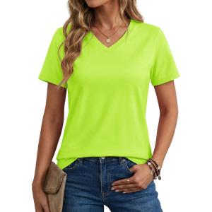 image:imageMAGCOMSEN Womens Cotton T Shirt VNeck Short Sleeve Shirt ClassicFit Casual Breathable Tee Summer Basic TopsFluorescent Green