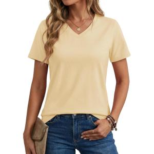image:imageMAGCOMSEN Womens Cotton T Shirt VNeck Short Sleeve Shirt ClassicFit Casual Breathable Tee Summer Basic TopsLight Apricot